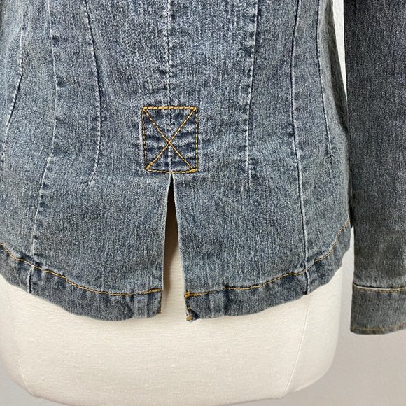 She's Cool Fitted Denim Jacket Pockets Mandarin Collar Button Front Dark Wash SM - Picture 8 of 11